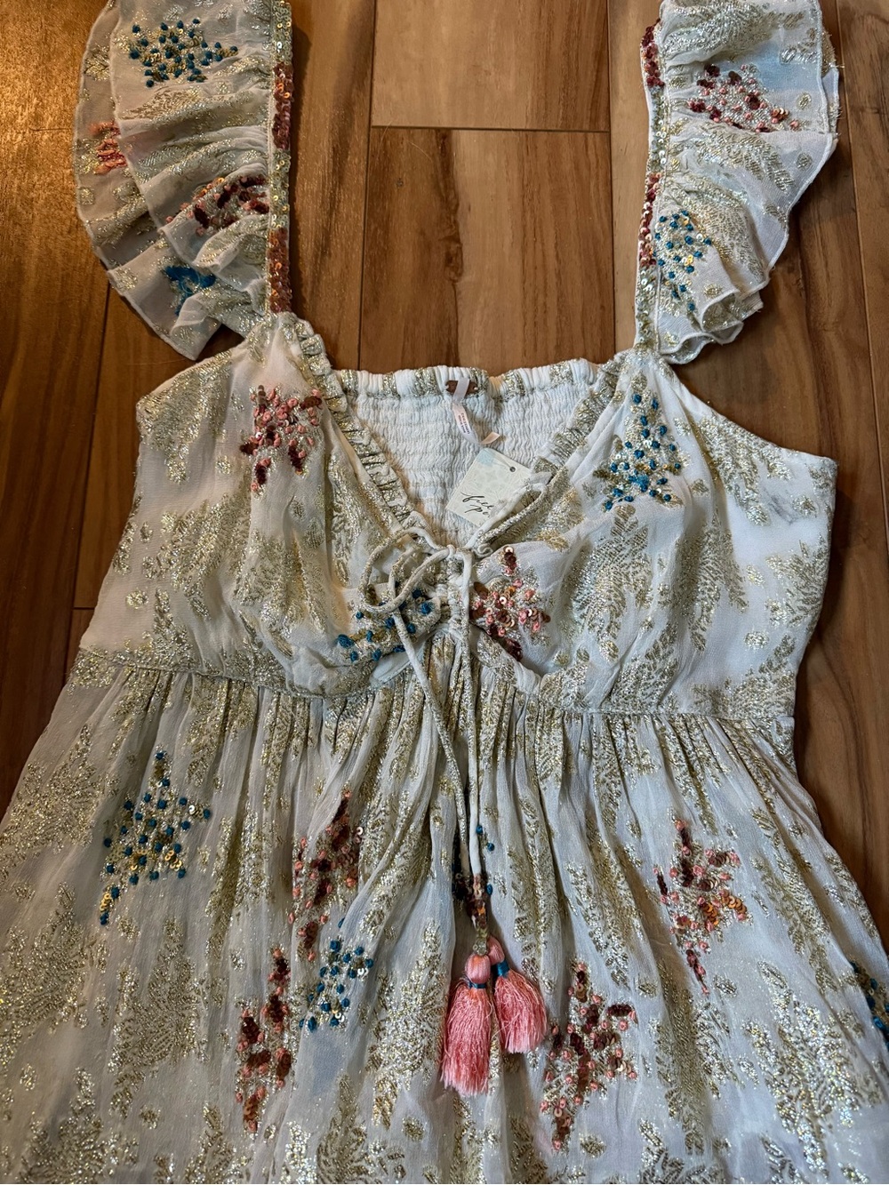 NWT Free People All That Shimmers Metallic Sequin Babydoll Top XL Boho Fairy - Picture 2 of 5